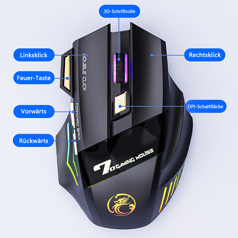 Schwarze Gaming-Maus. Sie hat Tasten für Links- und Rechtsklick, Vorwärts und Rückwärts.