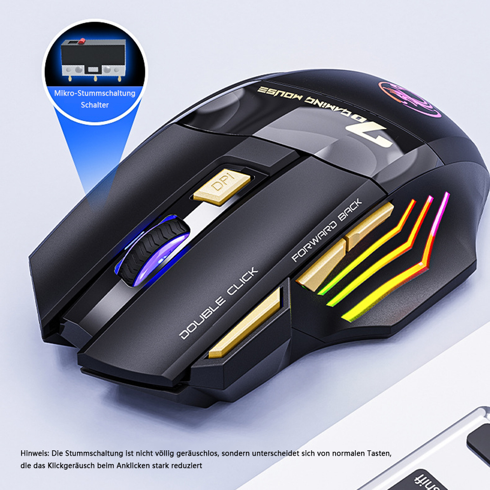 Schwarze Gaming-Maus mit blauen und gelben Lichtern. Sie hat Tasten und ein Scrollrad.