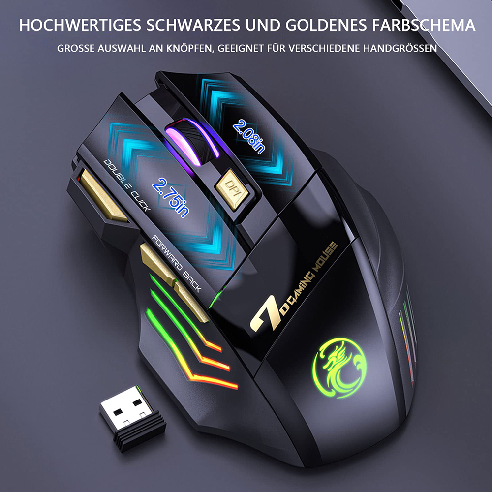 Schwarze Gaming-Maus mit goldenen Akzenten und USB-Empfänger. Mit Tasten und Logo.