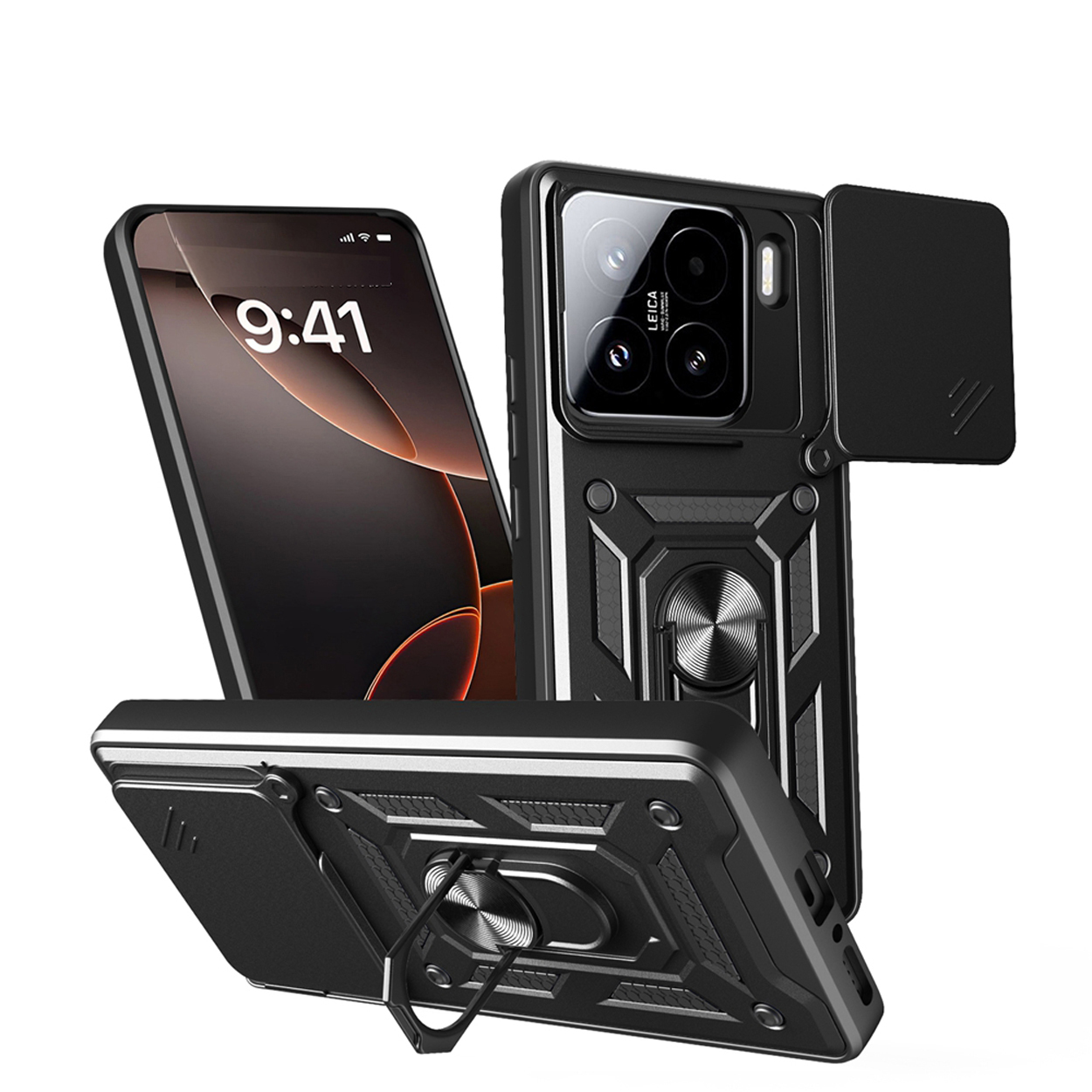 Zwarte telefoonhoes met cameralensafdekking, met een telefoon ernaast.