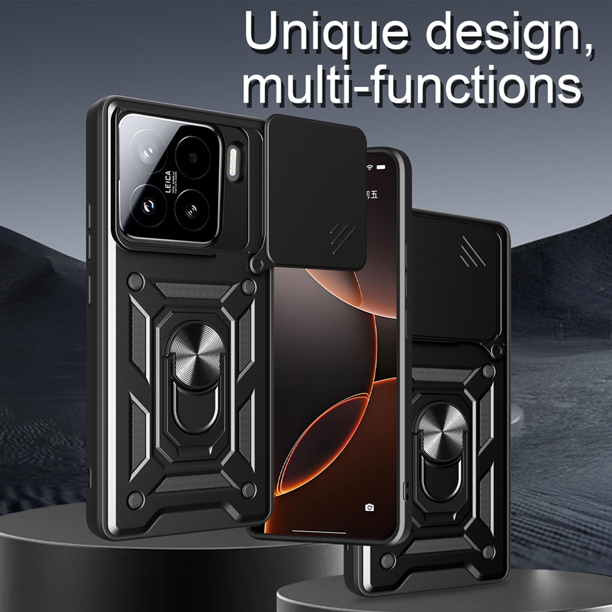 Drie zwarte telefoonhoesjes met cameralenscovers en ringhouders. Achtergrond is grijs.
