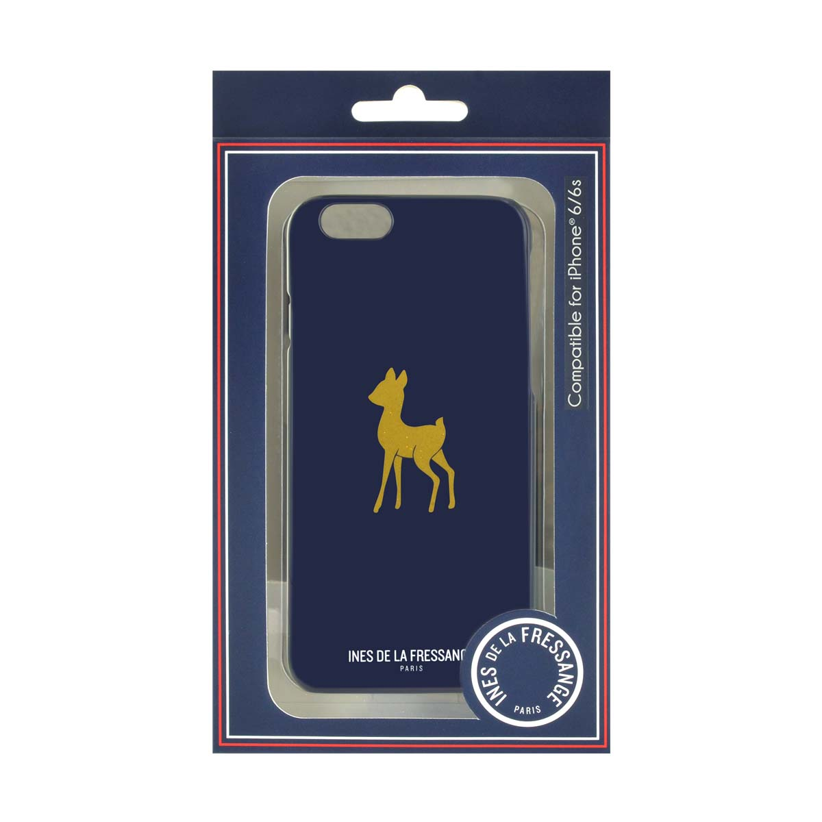 Custodia blu per telefono in confezione con logo cervo dorato.