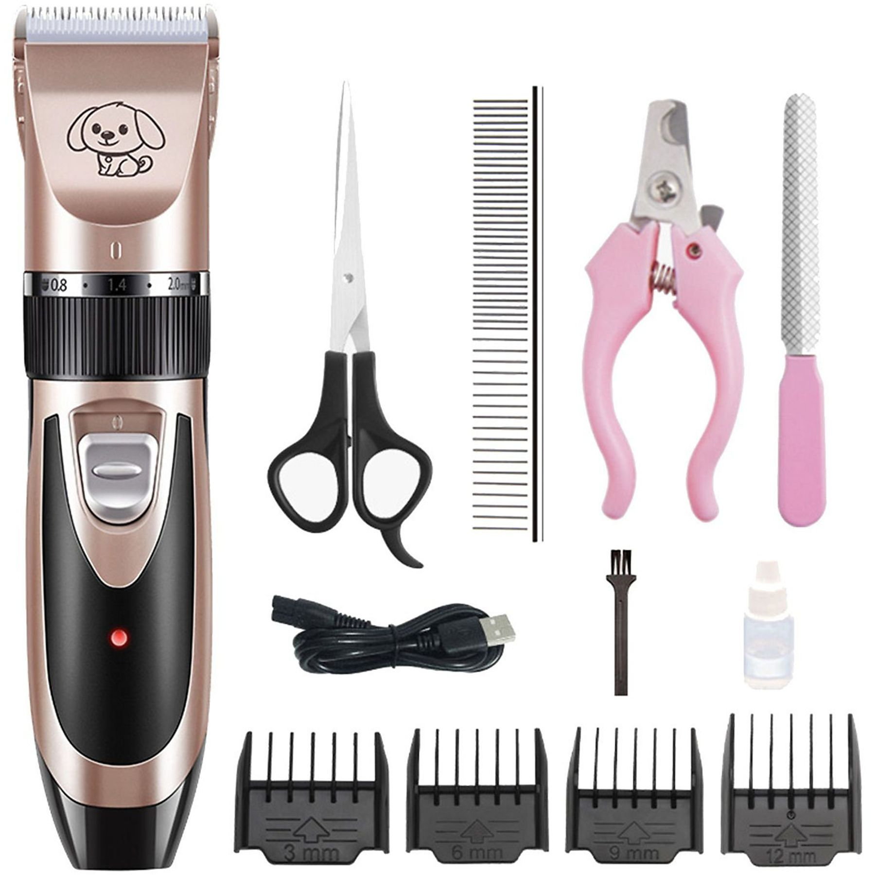 Ein Hunde-Pflegeset mit Schermaschine, Schere, Kamm, Nagelknipser und mehr.