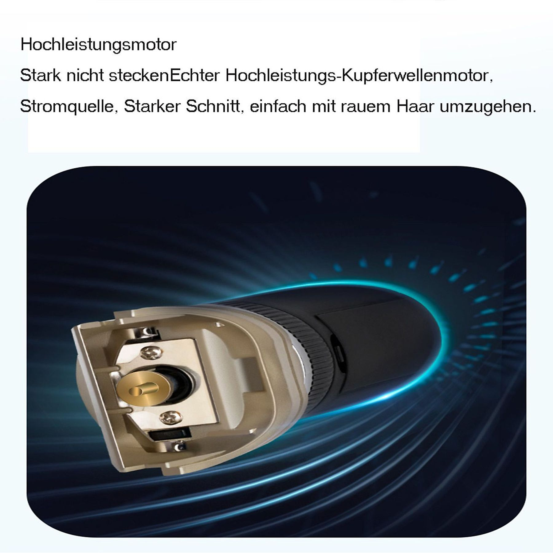 Nahaufnahme eines schwarz-goldenen Elektrorasierers mit blauem, abstraktem Hintergrund.