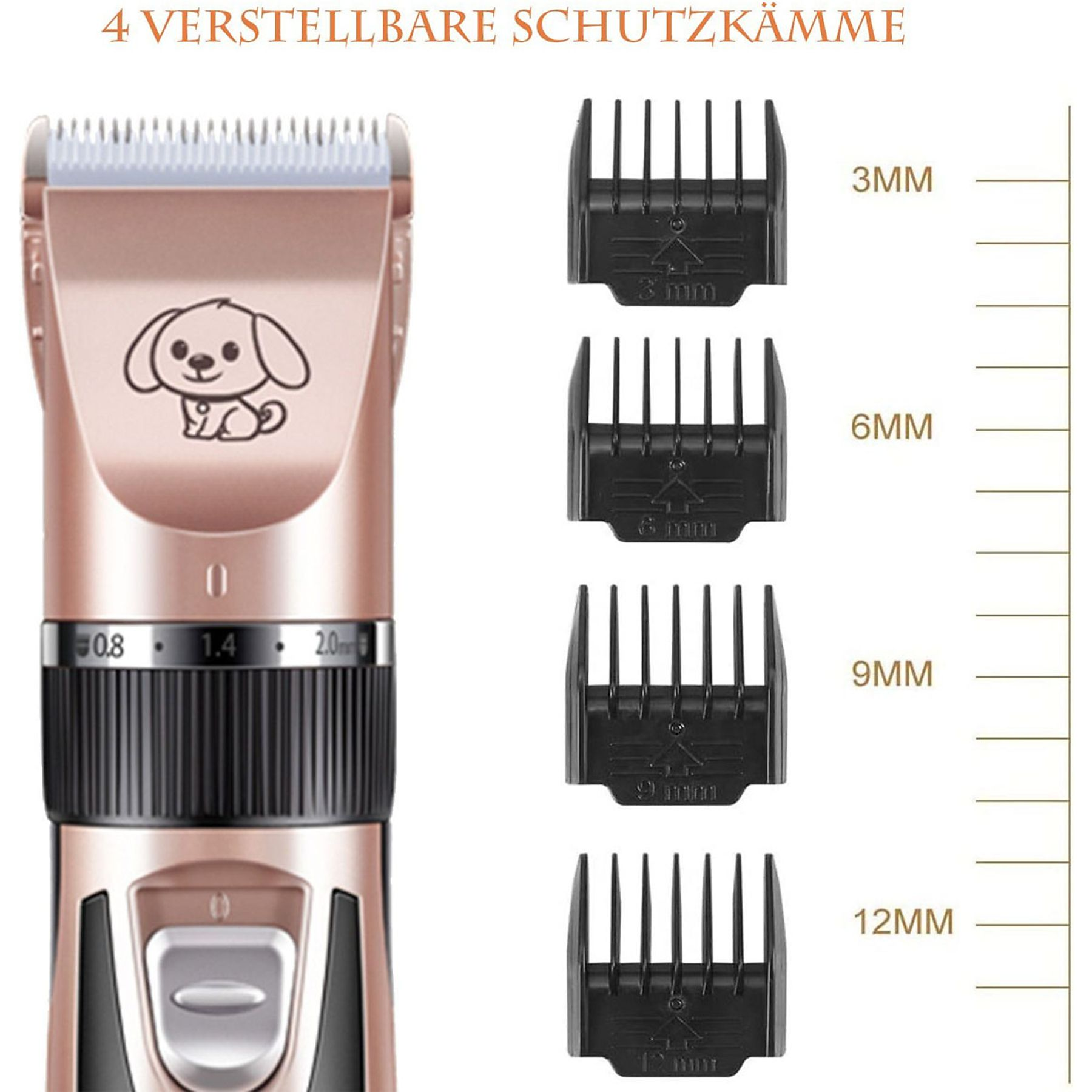 Elektrischer Haustierhaarschneider mit verstellbaren Kämmen. Roségold und Schwarz.