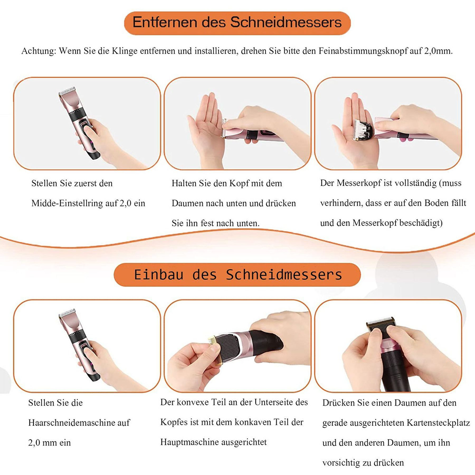 Anleitung zum Zerlegen und Zusammenbauen eines elektrischen Haustierhaarschneiders. Text und Diagramme.