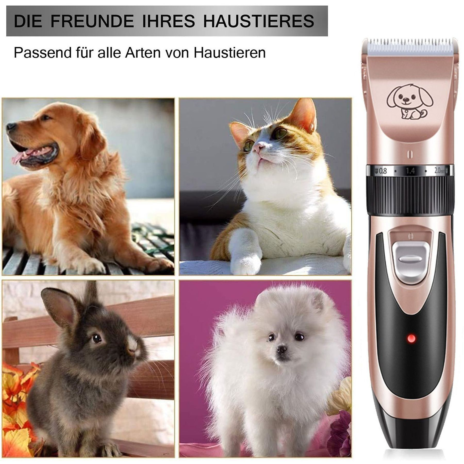Tierpflege-Werkzeug mit Fotos von Haustieren: Hund, Katze, Kaninchen und Hund.