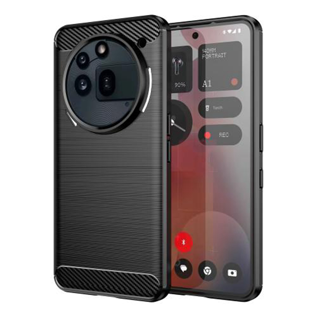 Zwarte telefoonhoes en telefoon. De telefoon toont een scherm met een rode interface. De hoes heeft een camera-uitsparing.
