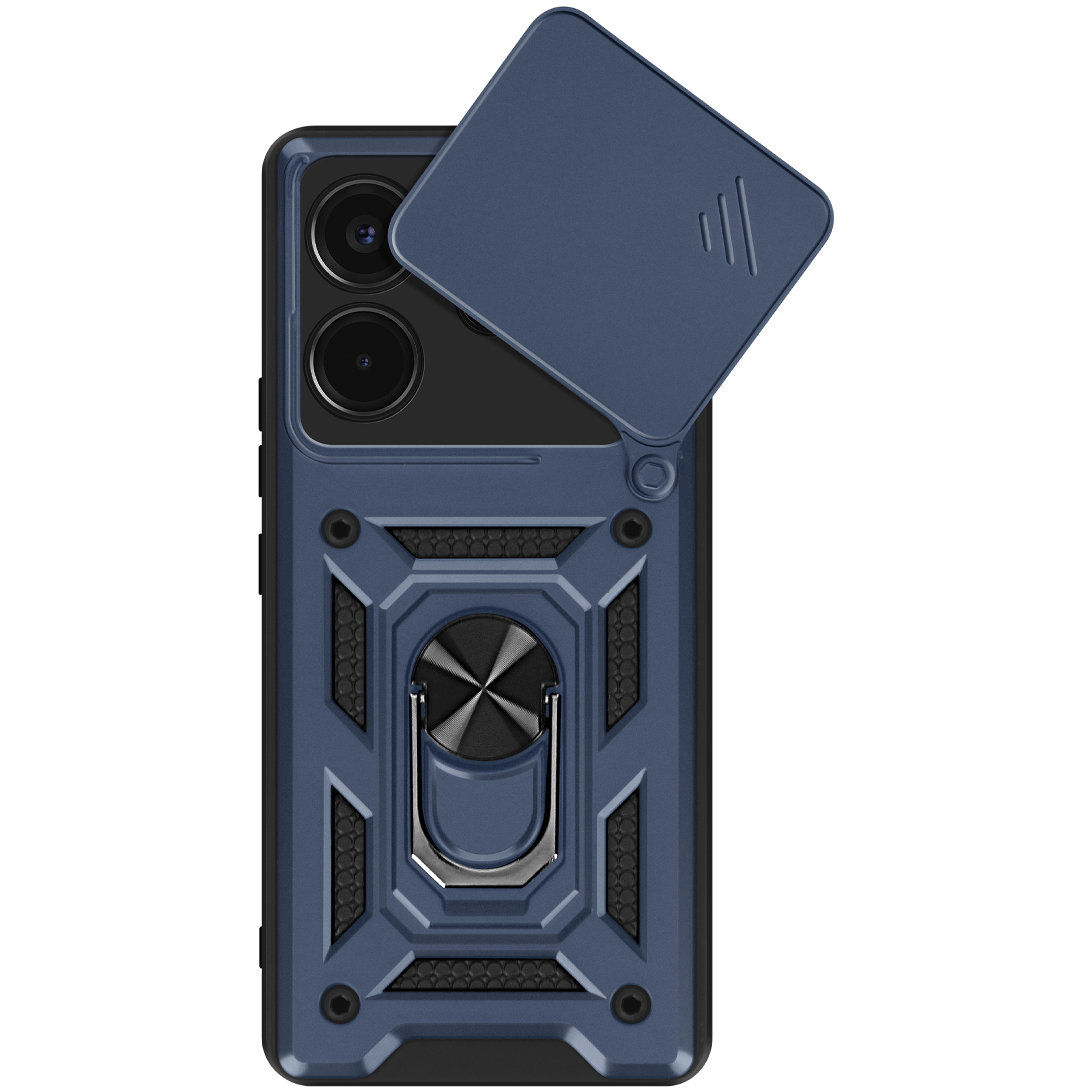 Custodia blu per telefono con copertura della fotocamera aperta. Ha un porta anello. Lo sfondo è sfocato.