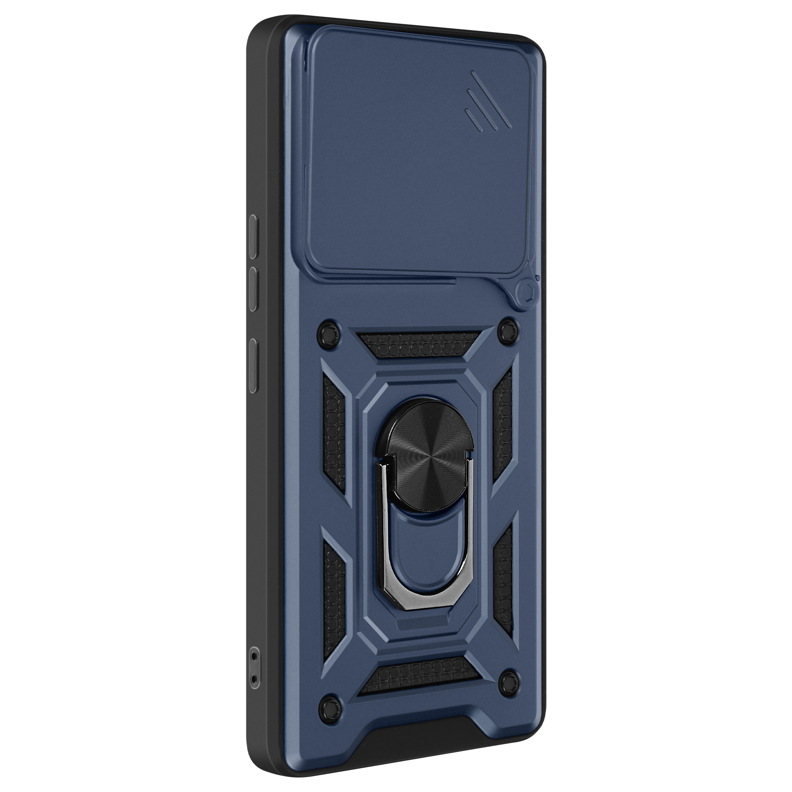 Custodia blu per telefono con copertura scorrevole per fotocamera e anello per le dita. Bordi neri.