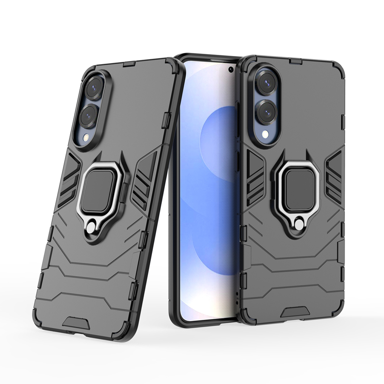 Twee zwarte telefoonhoesjes en een telefoon. De hoesjes hebben ringhouders en een wazige achtergrond.