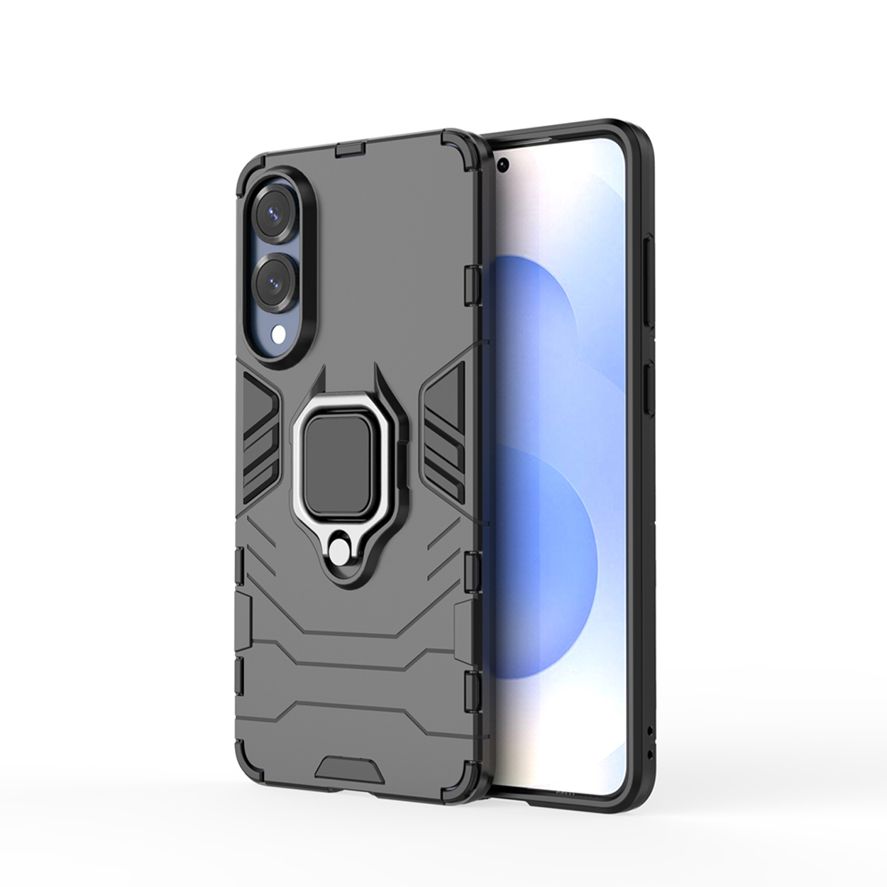 Zwarte telefoonhoes met een telefoon. De achtergrond is wazig. De telefoon heeft een ringhouder.