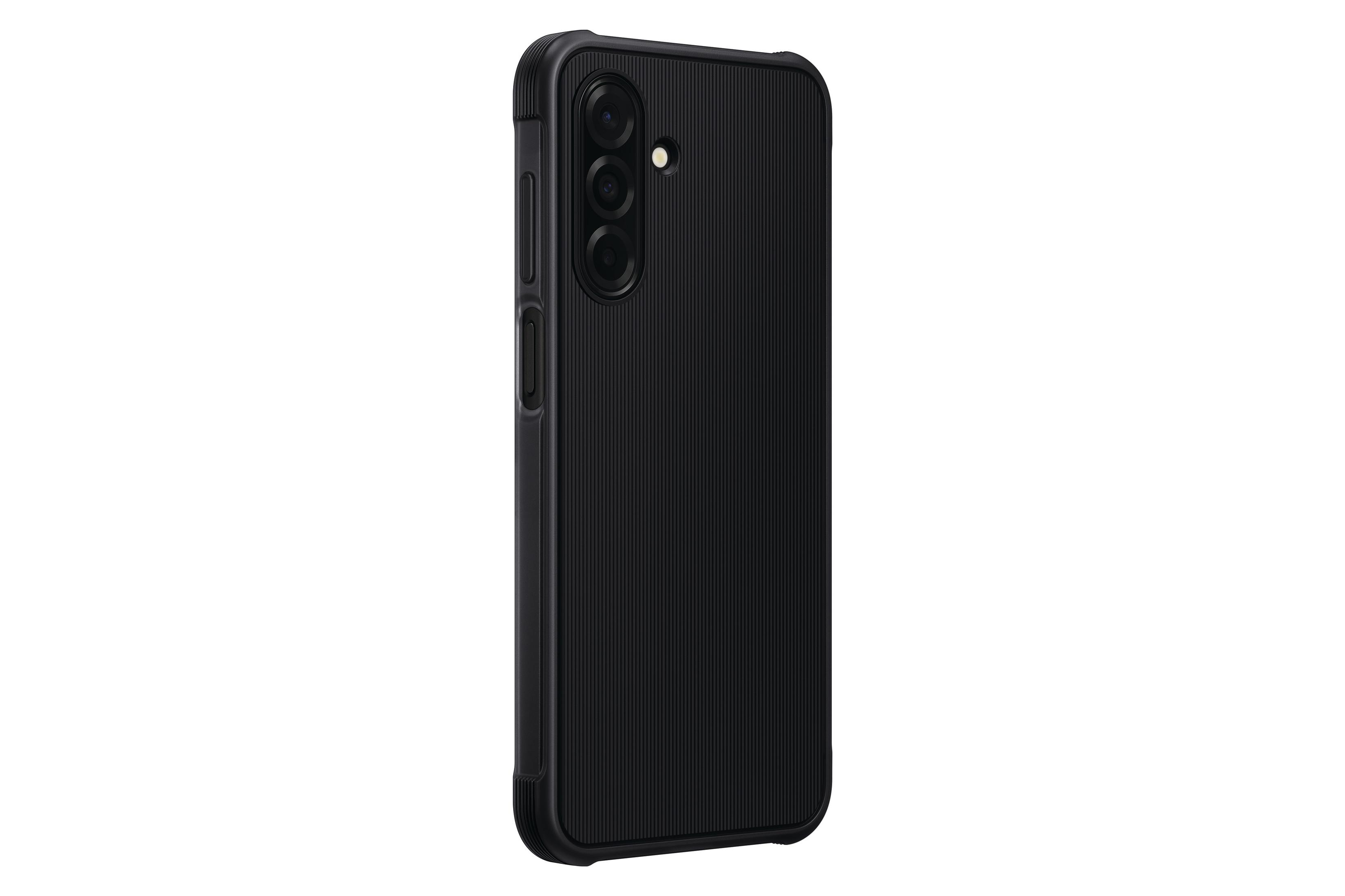 Czarny telefon z trzema aparatami z tyłu, widok z boku, na białym tle.