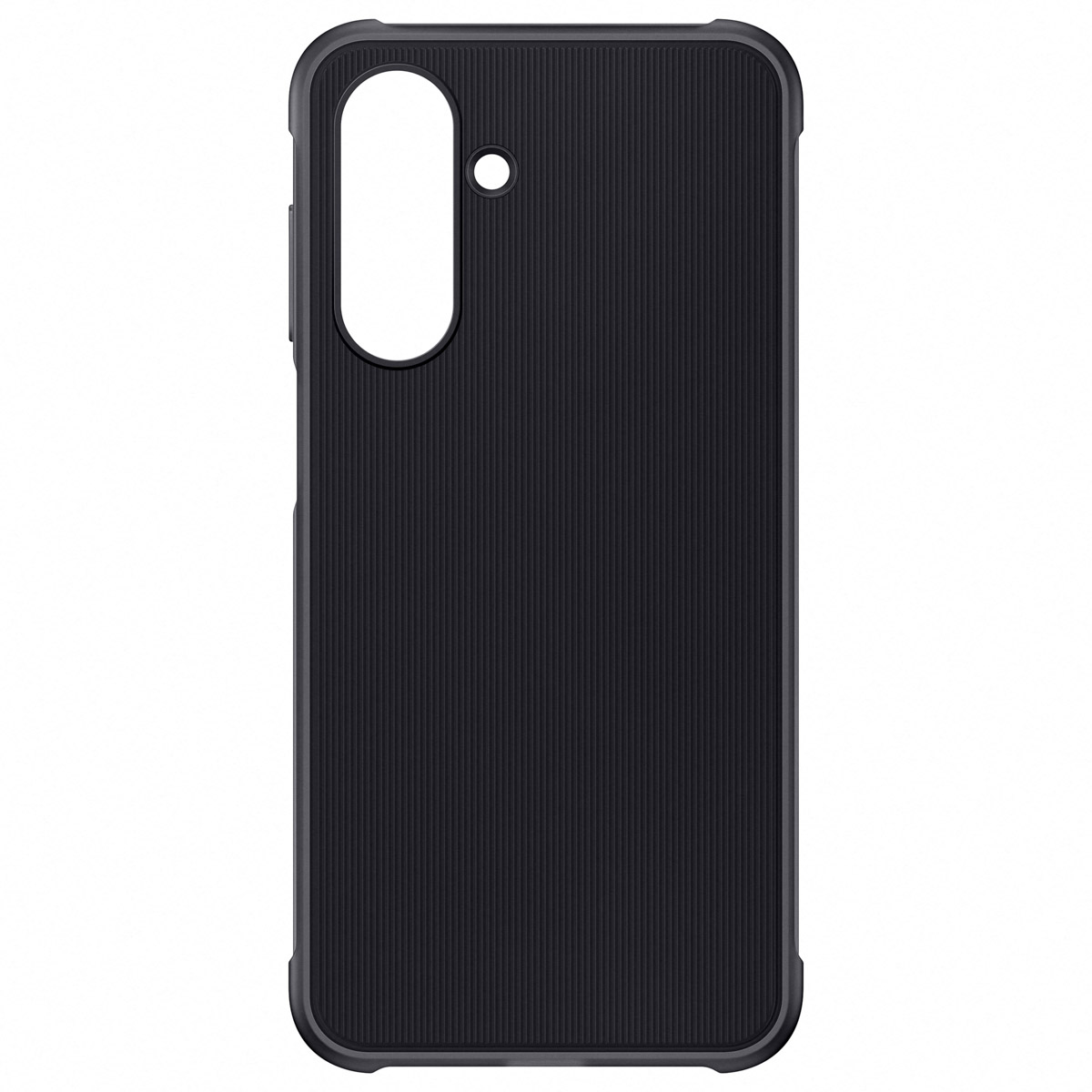 Czarne etui na telefon z wycięciem na aparat i żebrowaną fakturą na plecach.