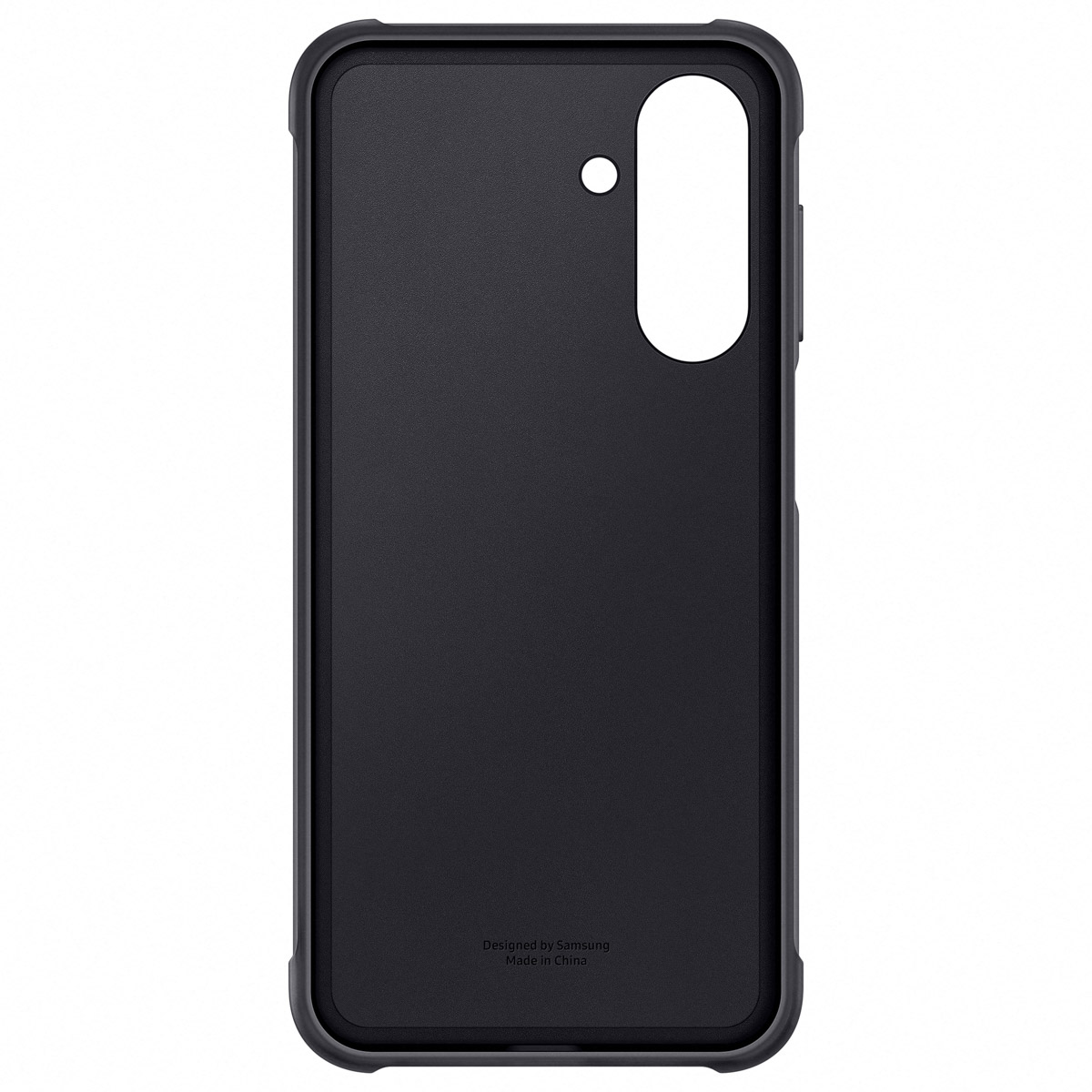 Czarne etui na telefon, zaprojektowane przez Samsung, z wycięciem na aparat i tekstem na dole.