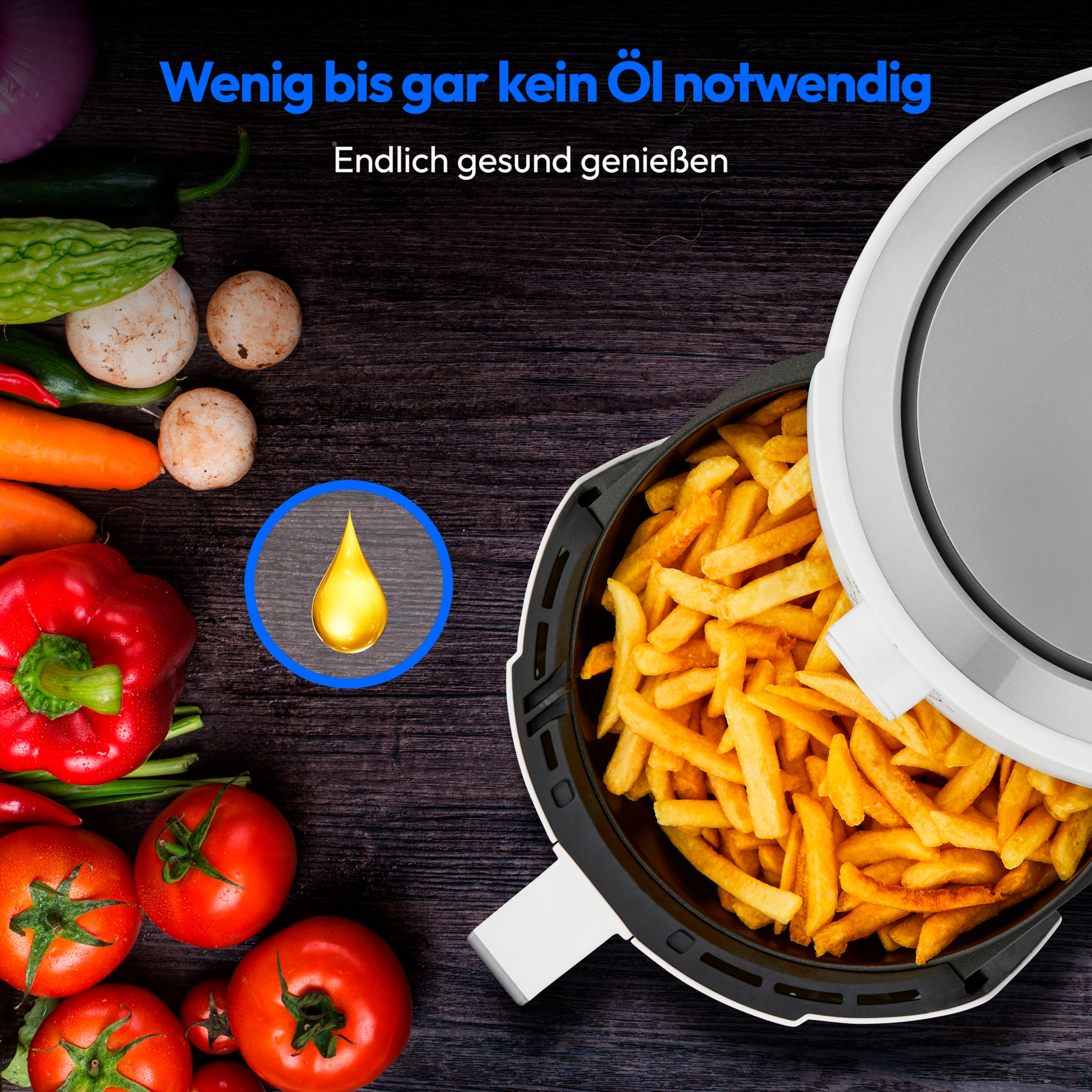 Airfryer met friet, groenten en een druppel olie. Tekst vermeldt gezond eten.
