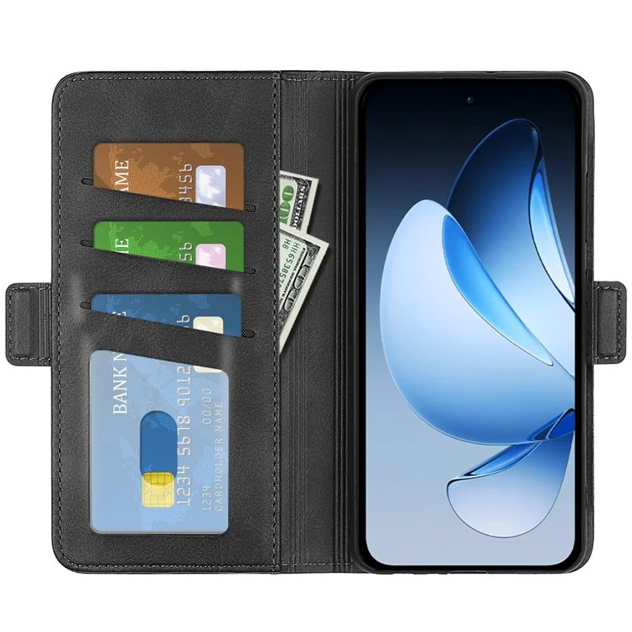 Zwarte telefoonhoes open, met kaarten en geld, met een telefoon die een blauw scherm toont.