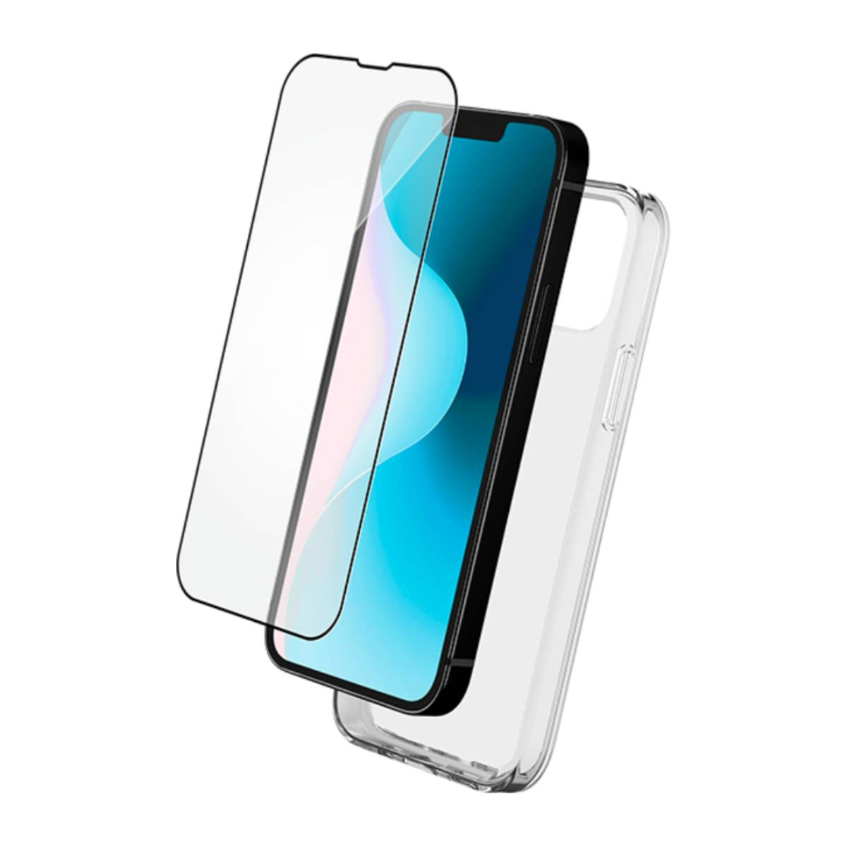 Telefono, protezione schermo e custodia. Il telefono è blu, la protezione è trasparente e la custodia è trasparente.
