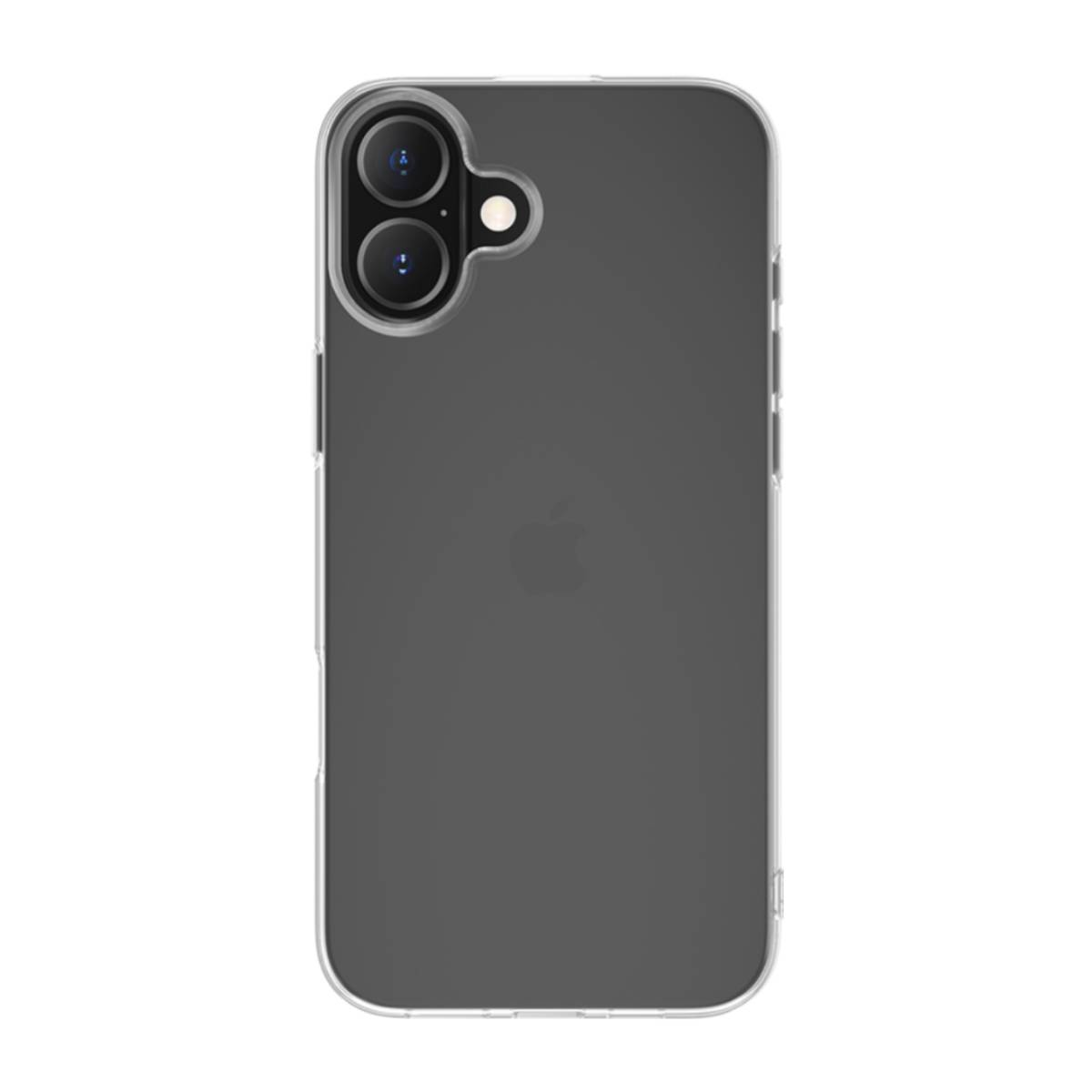 Custodia trasparente con due lenti della fotocamera e logo Apple nero su sfondo grigio.
