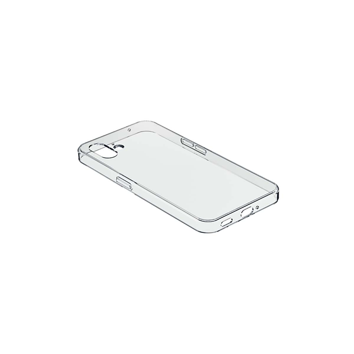 Şeffaf telefon kılıfı, açılı görünüm. Şeffaftır ve telefonun şeklini gösterir.