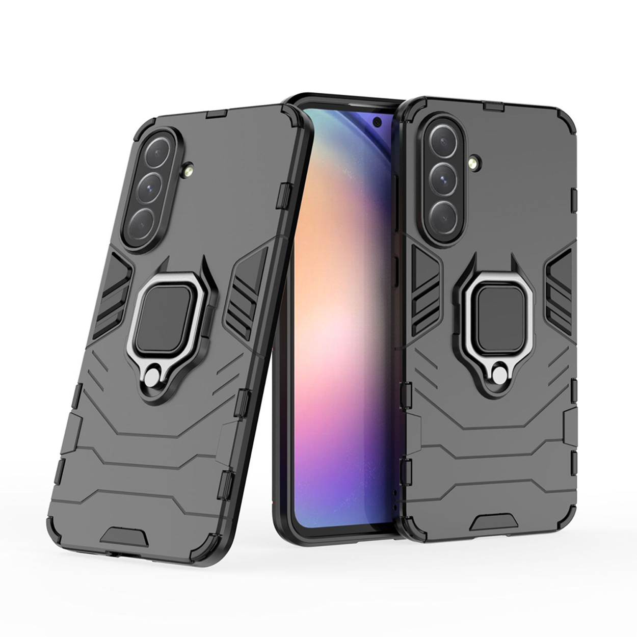 Twee grijze telefoonhoesjes, met een ringhouder. De telefoonhoesjes staan. De achterkant heeft een camera en design.