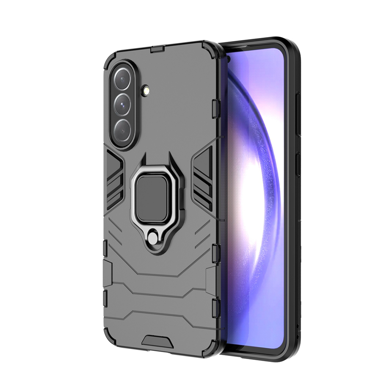 Een telefoon met een grijs hoesje met ringhouder. De telefoon is open met het scherm zichtbaar.