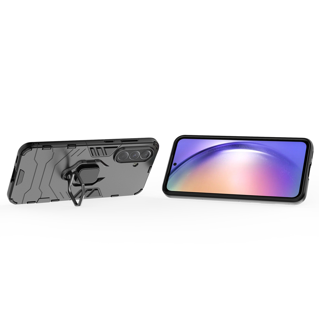 Twee telefoons met zwarte hoesjes. Eén met een ringhouder staat. De andere toont het telefoonscherm.