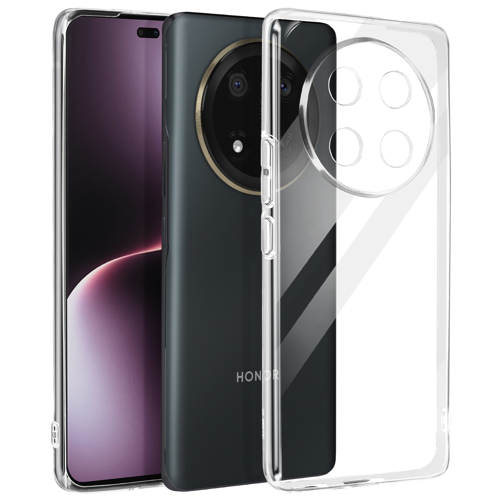 Un telefono e una custodia trasparente. Il telefono è scuro con un array di fotocamere dorate. La custodia è trasparente.