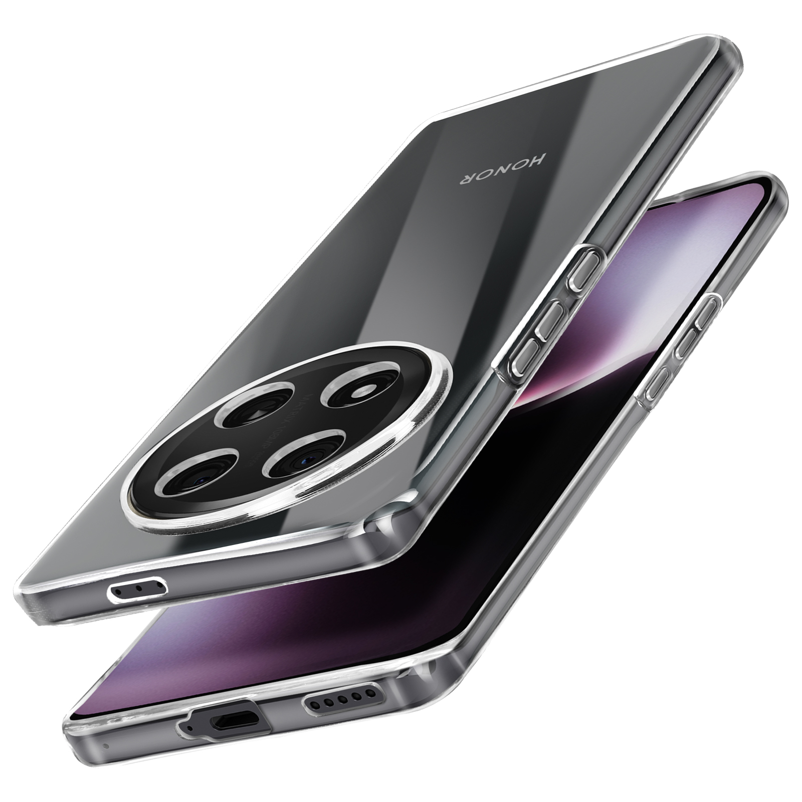 Due custodie per telefono impilate. Una trasparente, l'altra nera con anello fotocamera. Logo 'HONOR' visibile.