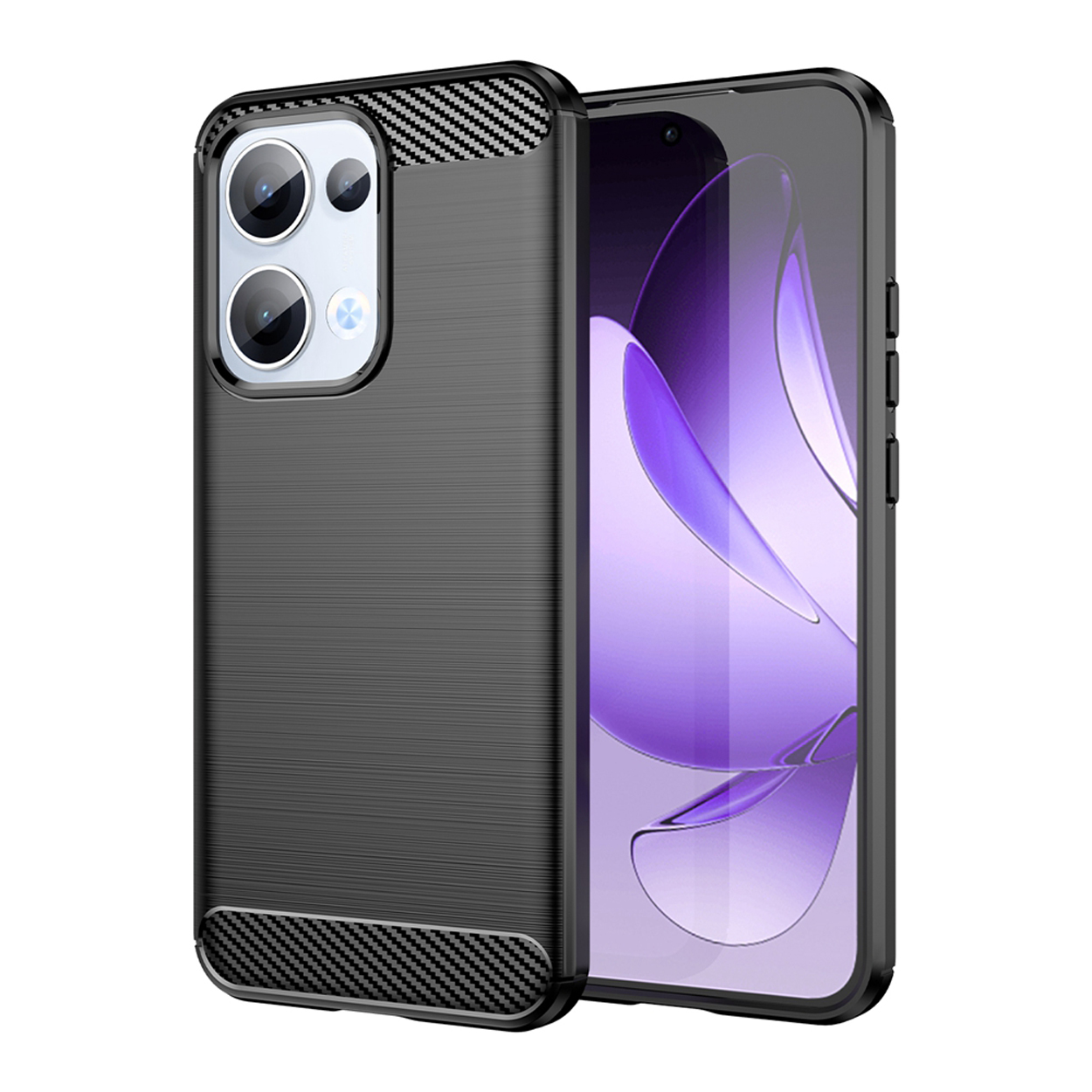Coque de téléphone noire avec dos texturé et accents en fibre de carbone autour de la caméra.