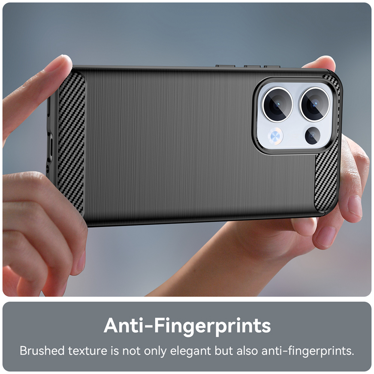Coque de téléphone noire avec dos texturé. Texte: 'Anti-Fingerprints'. La texture brossée est anti-traces.