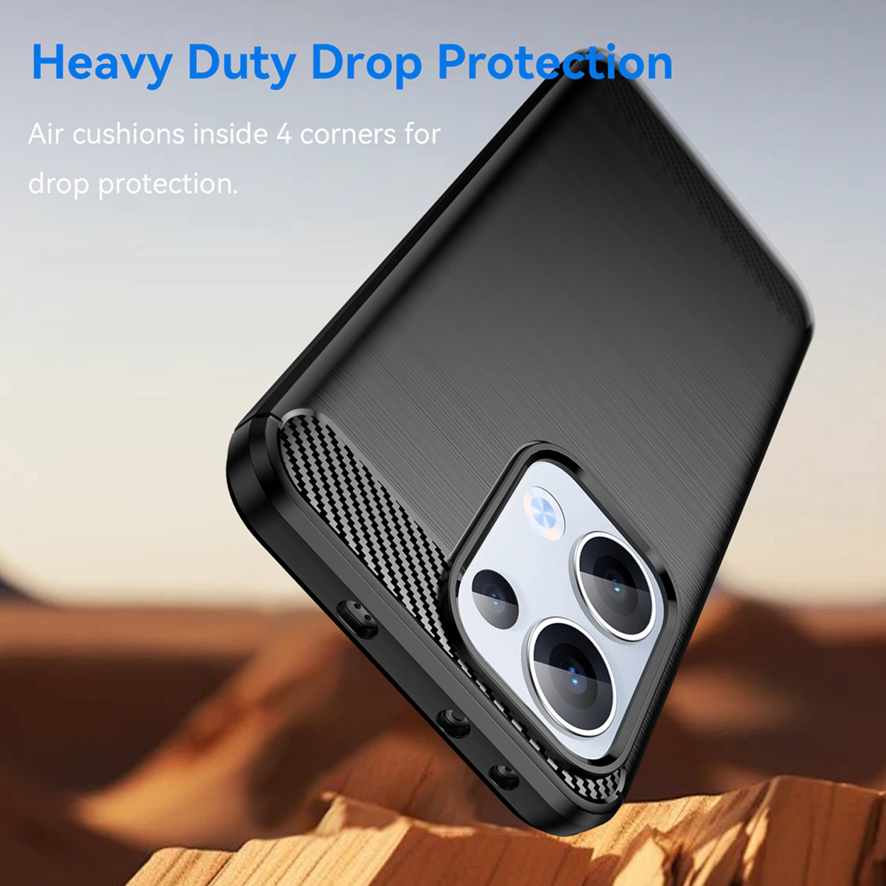 Coque de téléphone noire avec côtés texturés. Texte: 'Heavy Duty Drop Protection'. Scène de désert en arrière-plan.