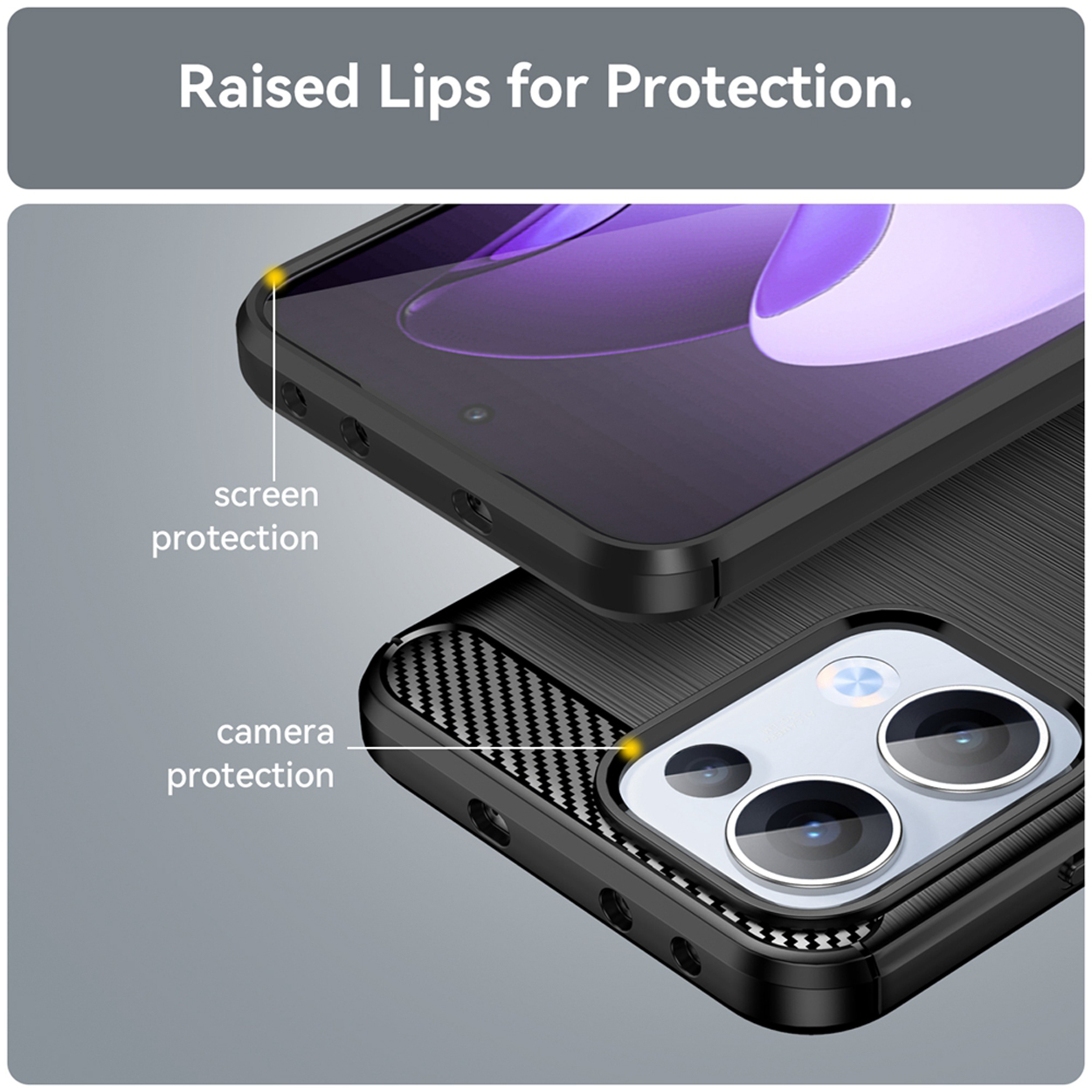 Gros plan sur coque et téléphone, le texte indique les caractéristiques de protection écran et caméra.