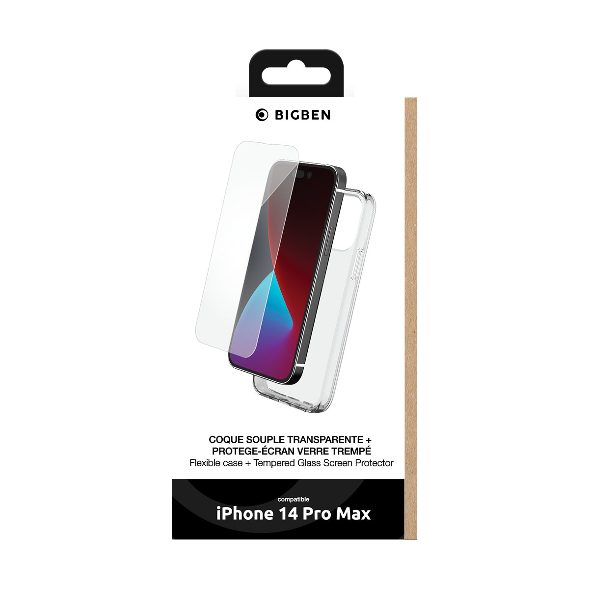 Custodia per telefono e scatola per protezione schermo. La custodia è trasparente, telefono all'interno. Testo 'iPhone 14 Pro Max' visibile.