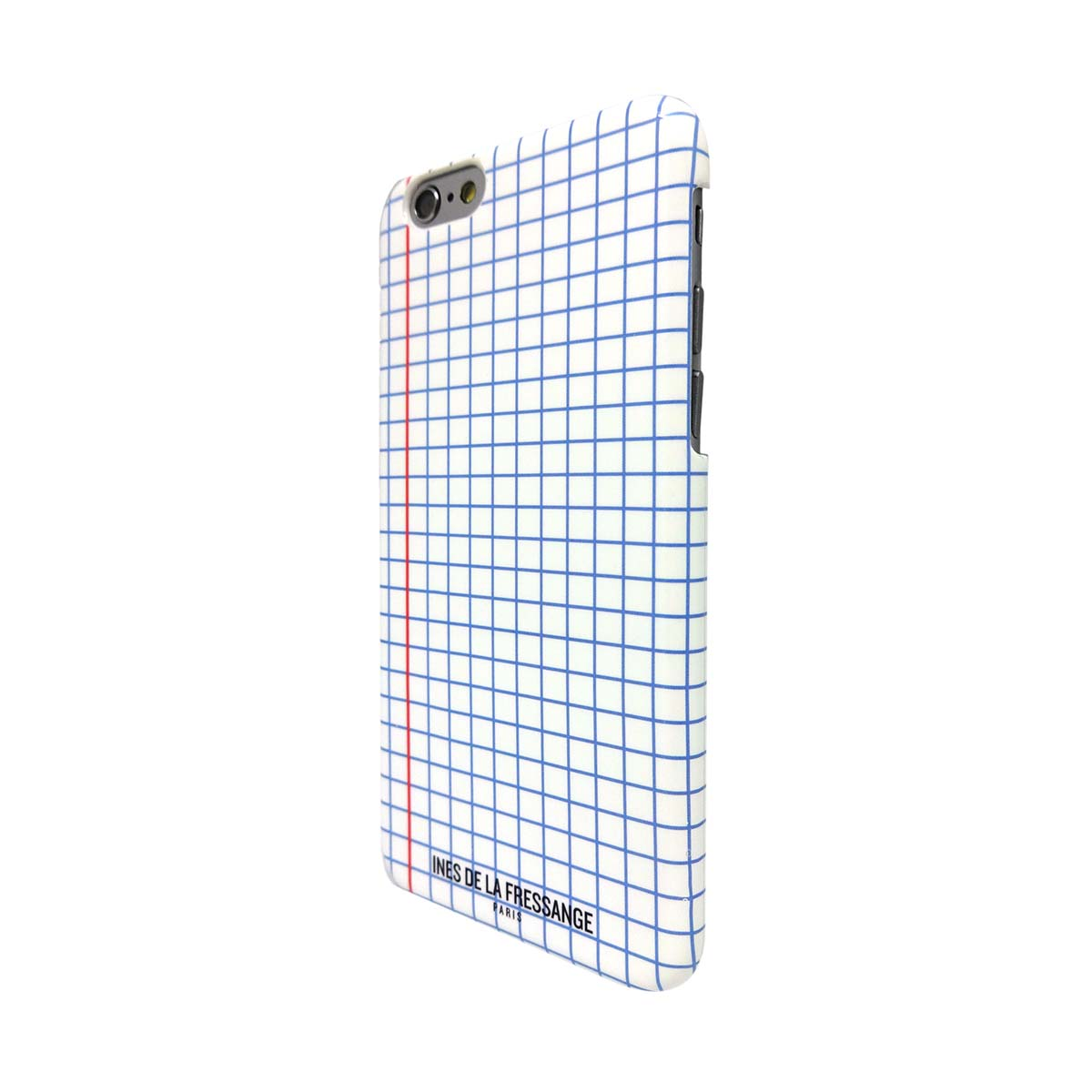 Custodia per iPhone con design a quadretti. Linee blu, margine rosso. Testo: 'INES DE LA FRESSANGE PARIS'.