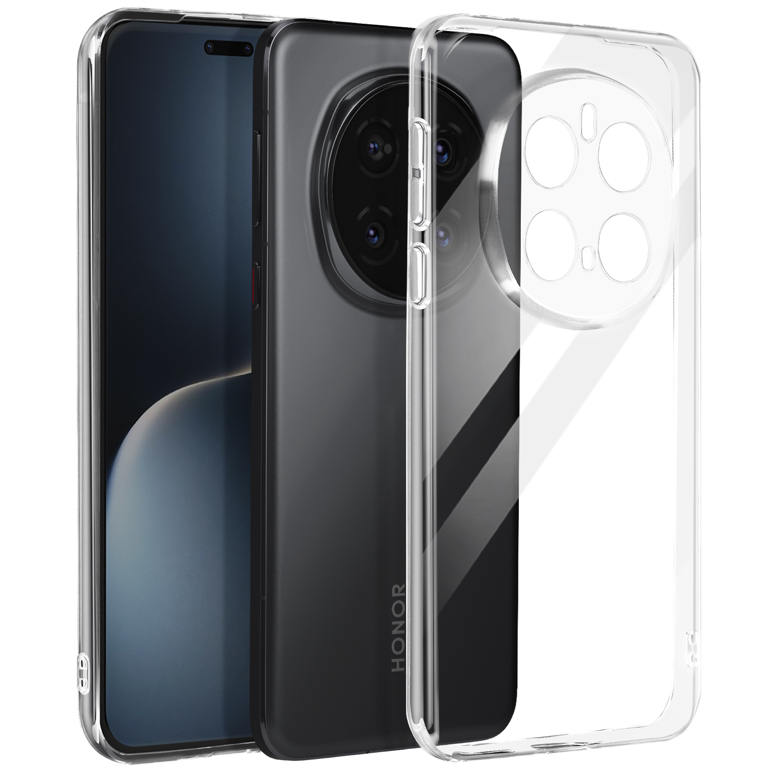 Tre custodie per telefono: trasparente, telefono in custodia nera e il telefono stesso. Logo 'HONOR' visibile.