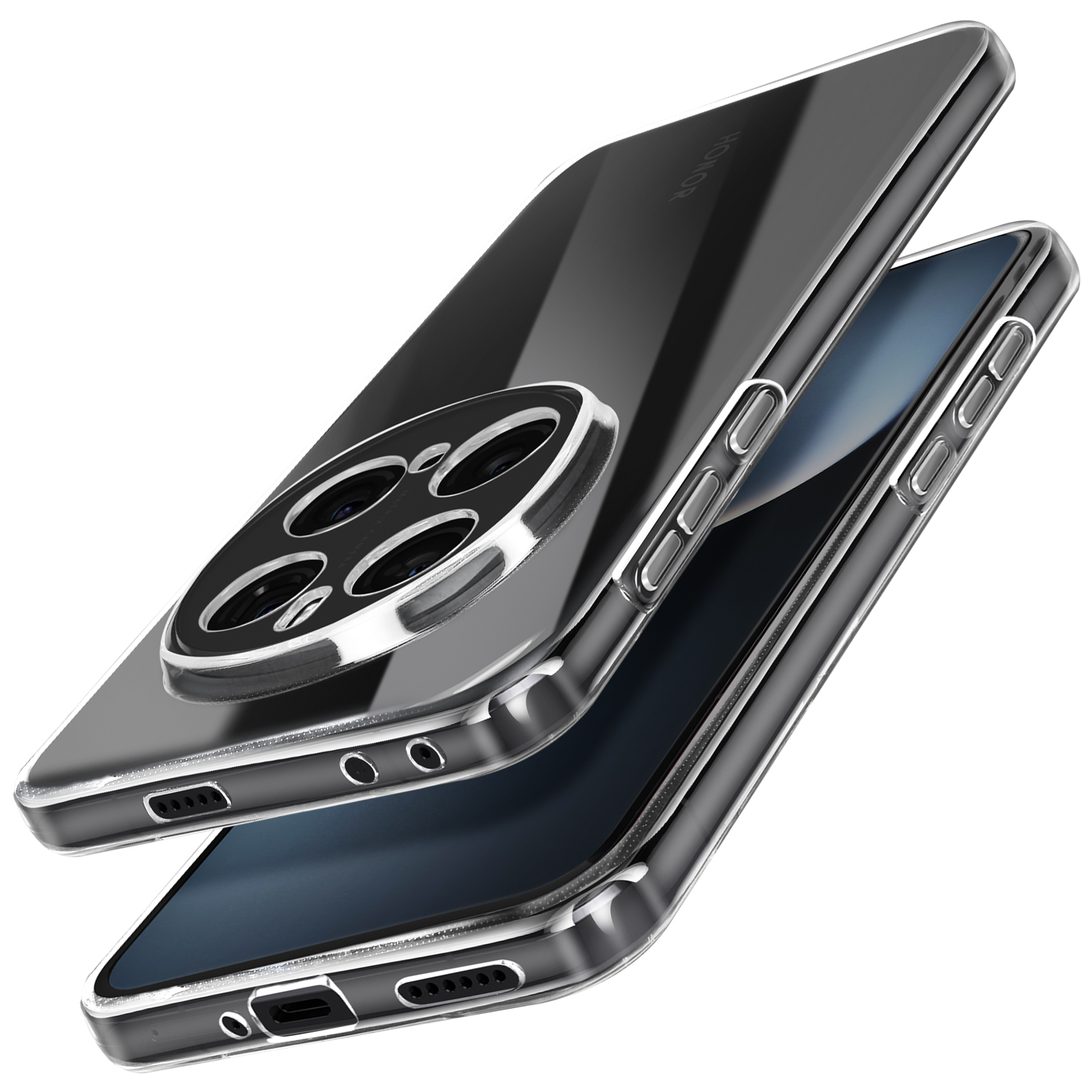 Due custodie trasparenti per telefono, una sopra l'altra, che mostrano il design della fotocamera.
