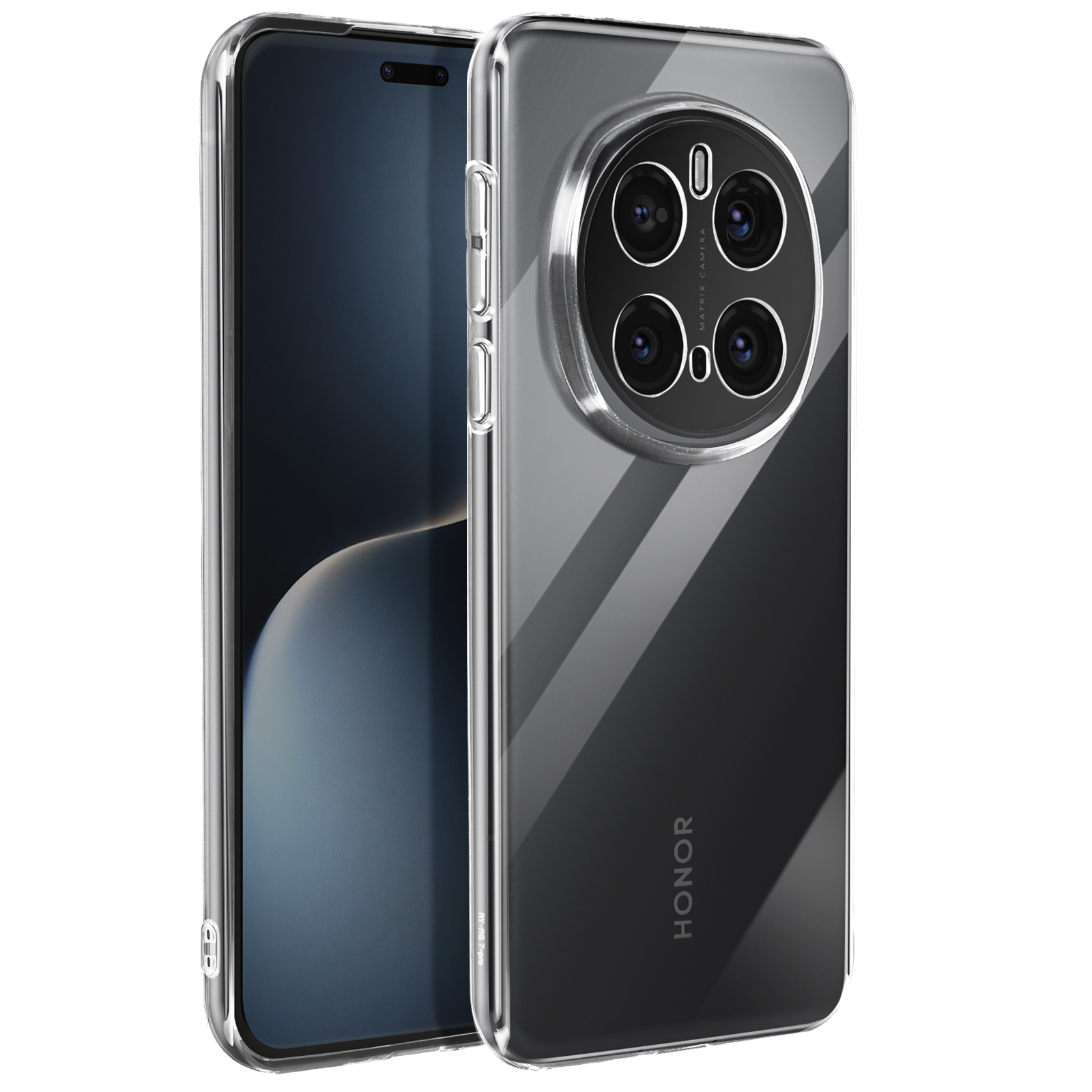 Un telefono con custodia trasparente. Il telefono ha tre fotocamere e la parola HONOR.