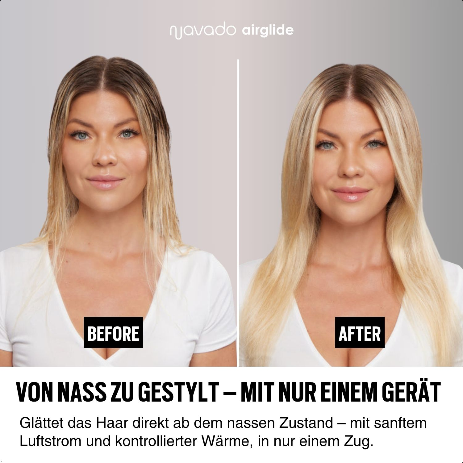 Vorher-Nachher-Bild des Haarstylings, vom nassen Haar einer Frau zu gestyltem Haar mit einem Stylinggerät.