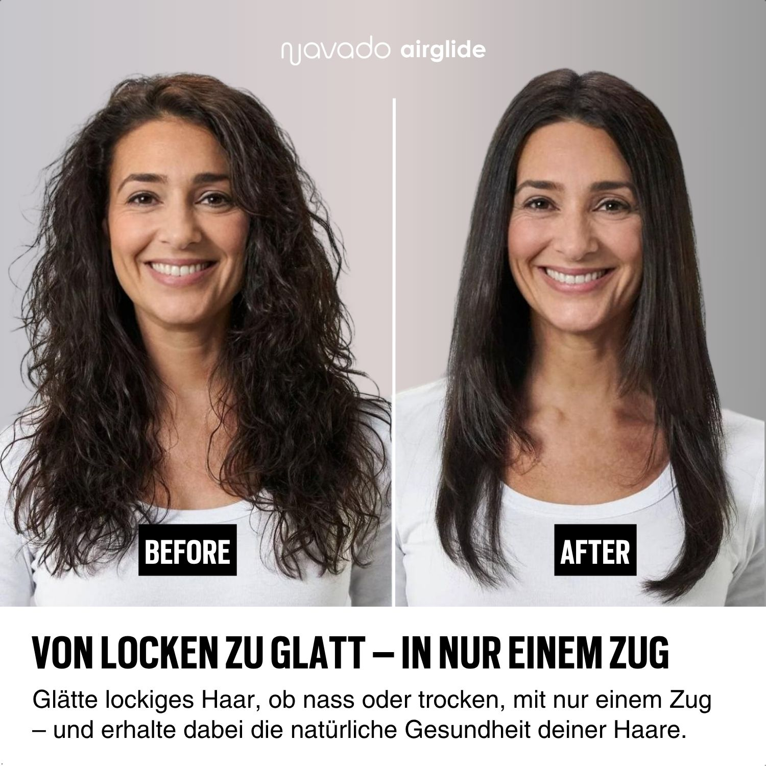 Frau mit lockigem Haar vorher und glattem Haar nachher. Grauer Hintergrund.
