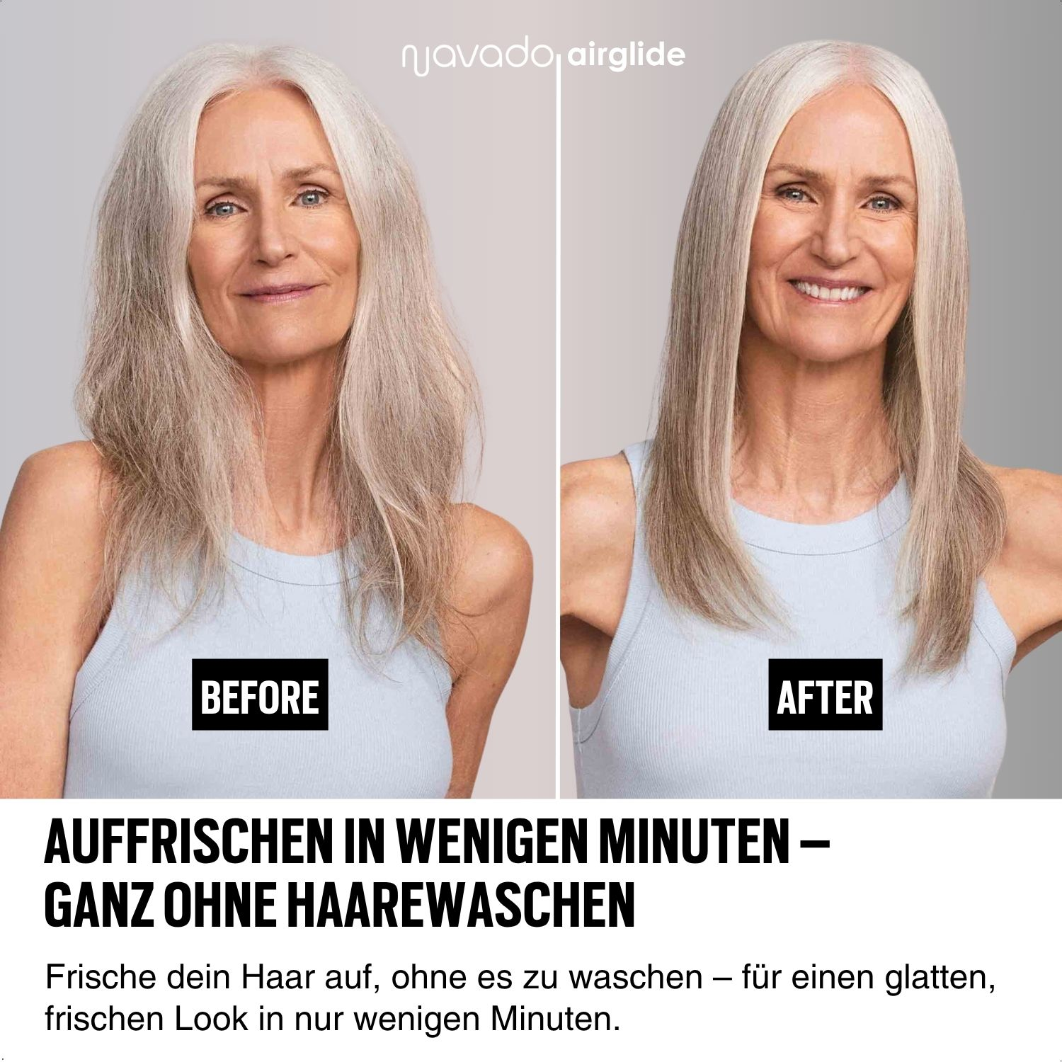 Vorher-Nachher-Bild der Haare einer Frau, das eine Veränderung nach der Verwendung eines Haarwerkzeugs zeigt.