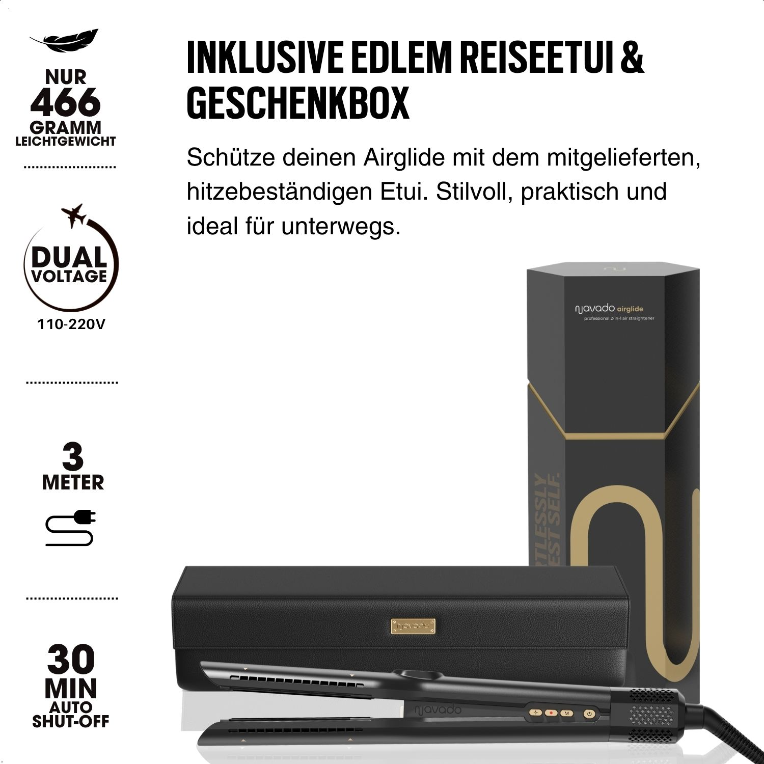 Ein schwarzer Reisekoffer mit einem Styler und einer Box mit Text und Symbolen sowie der Styler selbst.