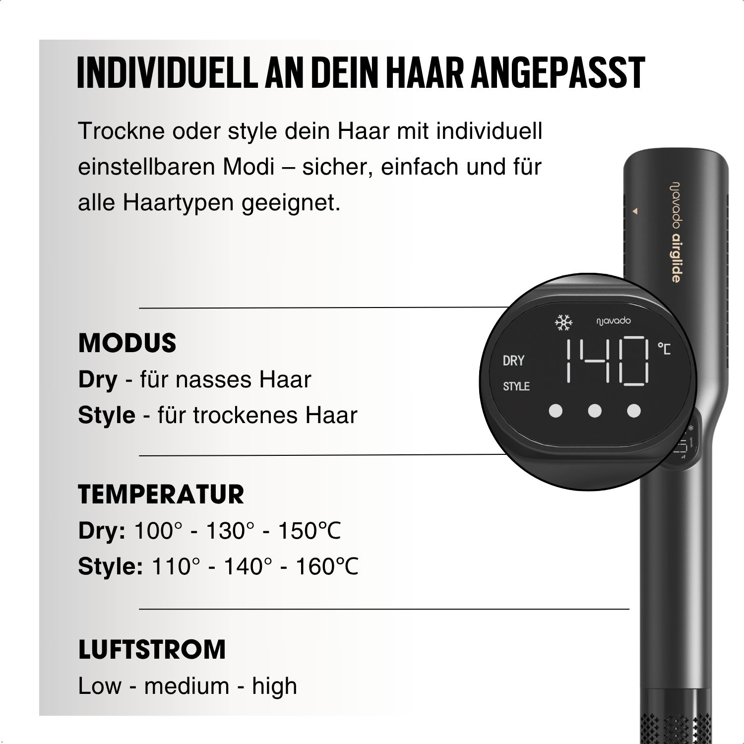 Haarstyling-Werkzeug mit Temperaturanzeige und Textbeschriftungen.