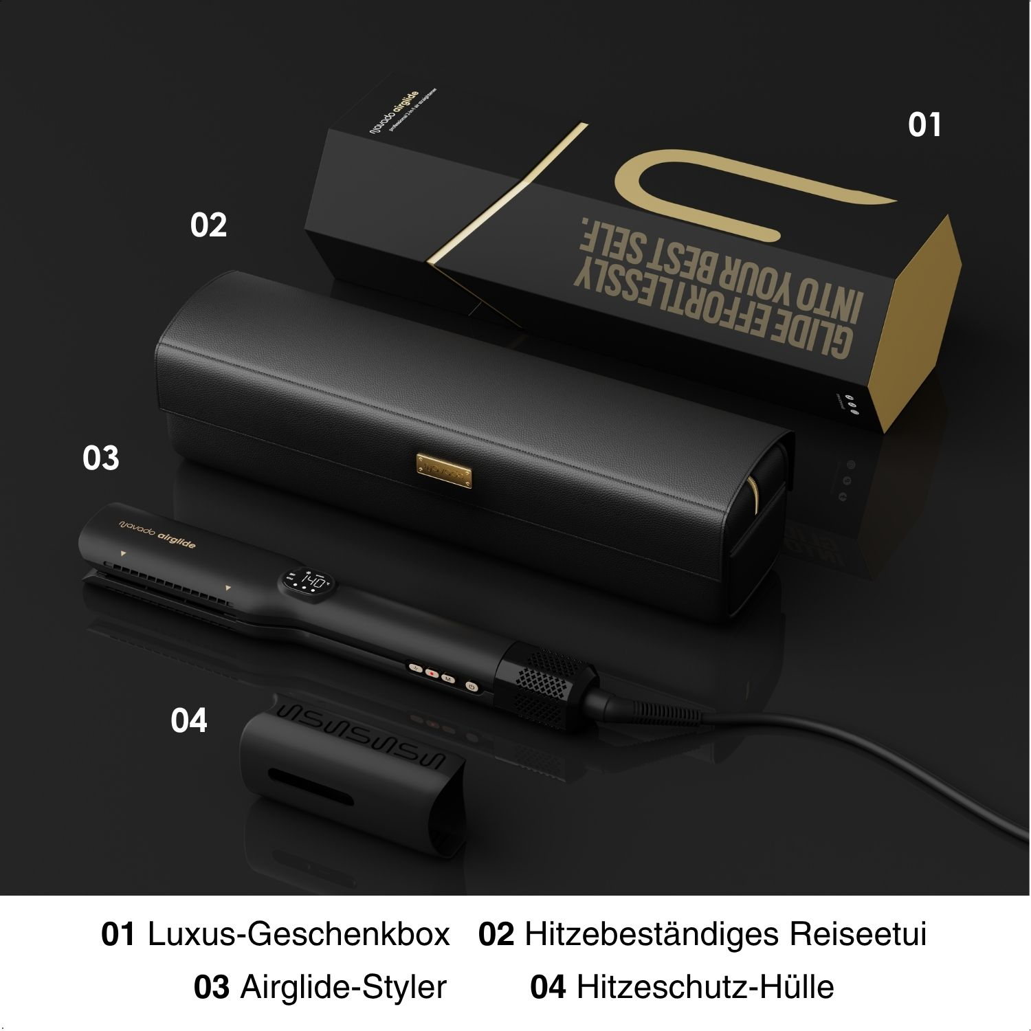 Ein Glätteisen und sein Zubehör. Die Box ist mit 'Airglide' beschriftet. Der Hintergrund ist schwarz.