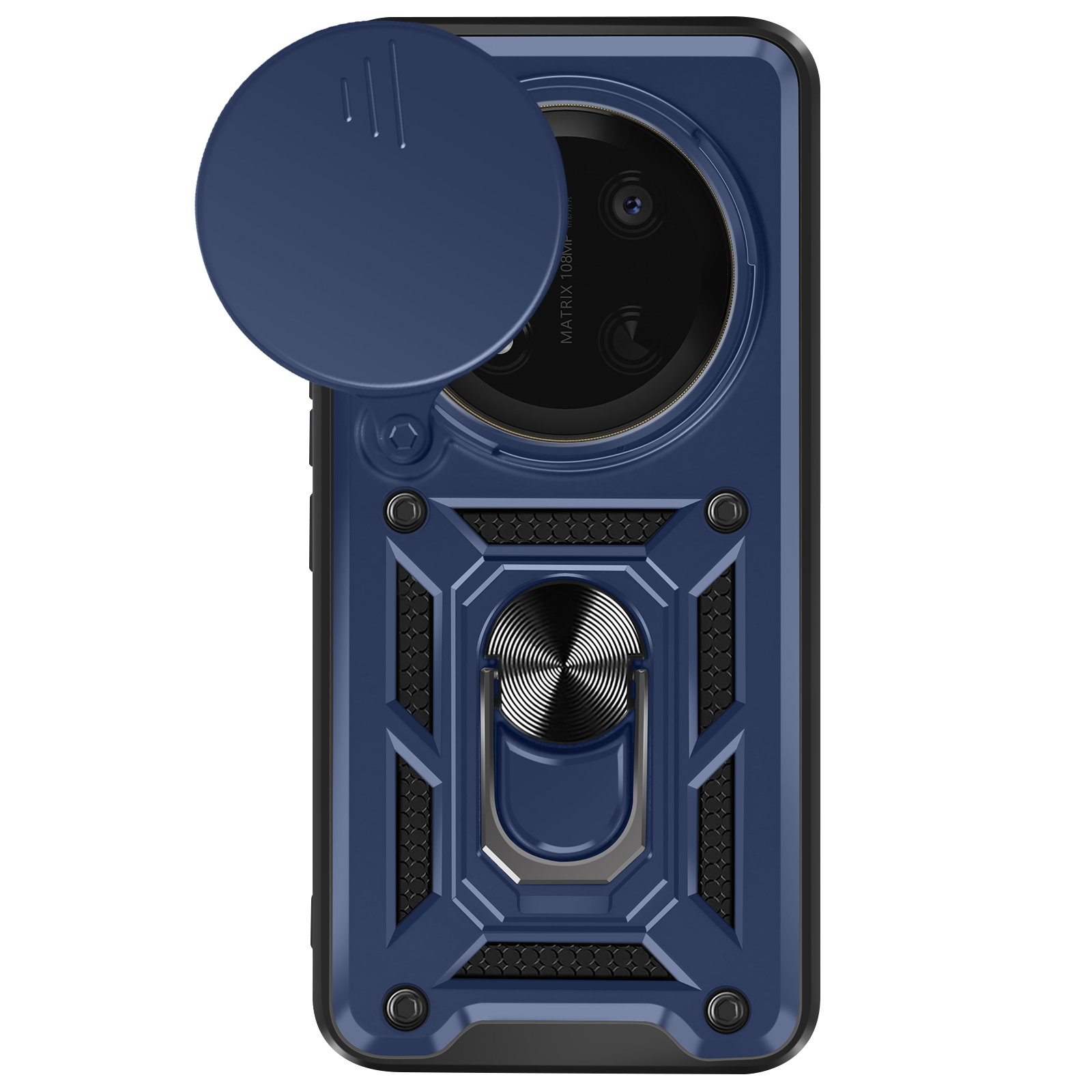 Una custodia blu navy con una copertura per la fotocamera. Lo sfondo è una superficie grigio scuro.