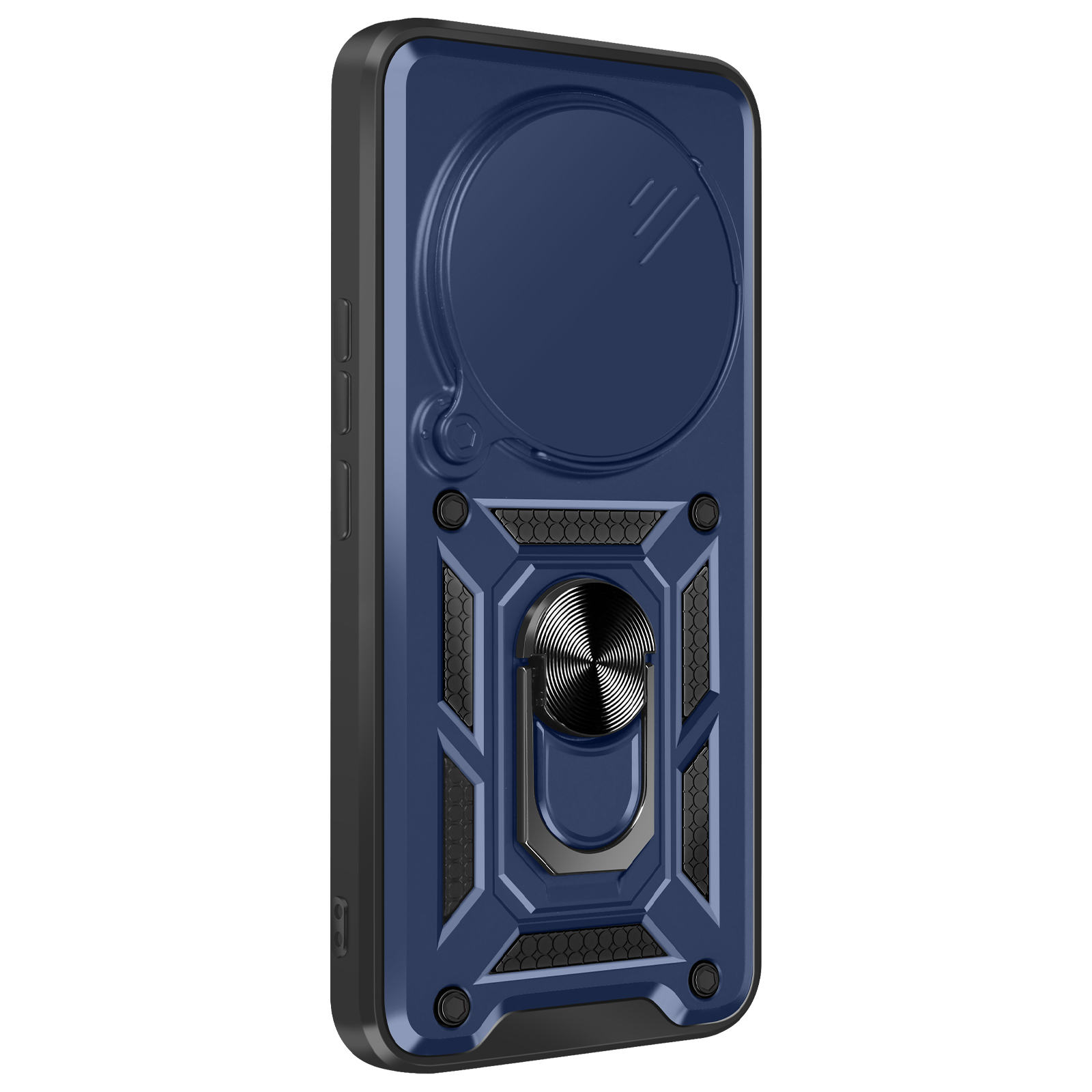 Una custodia blu navy con un portaanello e una copertura dell'obiettivo della fotocamera. Lo sfondo è bianco.