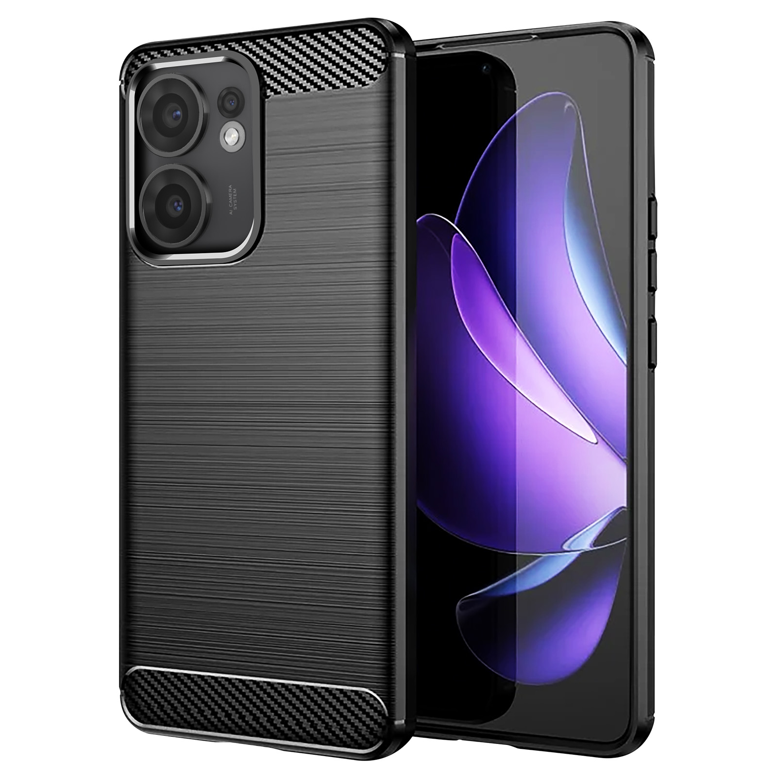 Custodia nera con texture in fibra di carbonio, sistema fotocamera e display del telefono visibile.