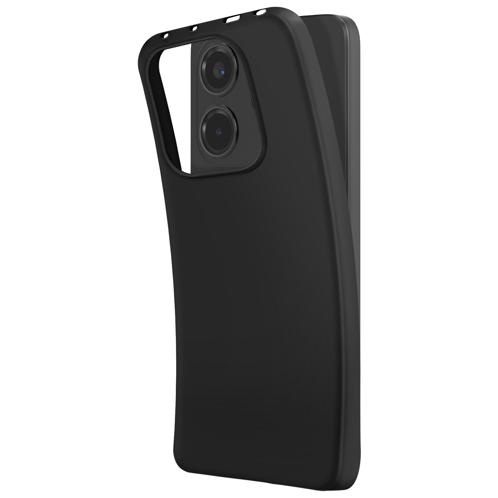 Custodia nera per telefono aperta per mostrare l'area della fotocamera.