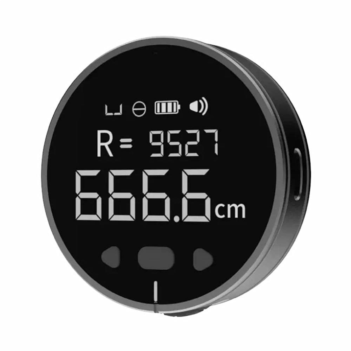 Schwarzes digitales Messgerät mit Anzeige von 666,6 cm und weiteren Daten.