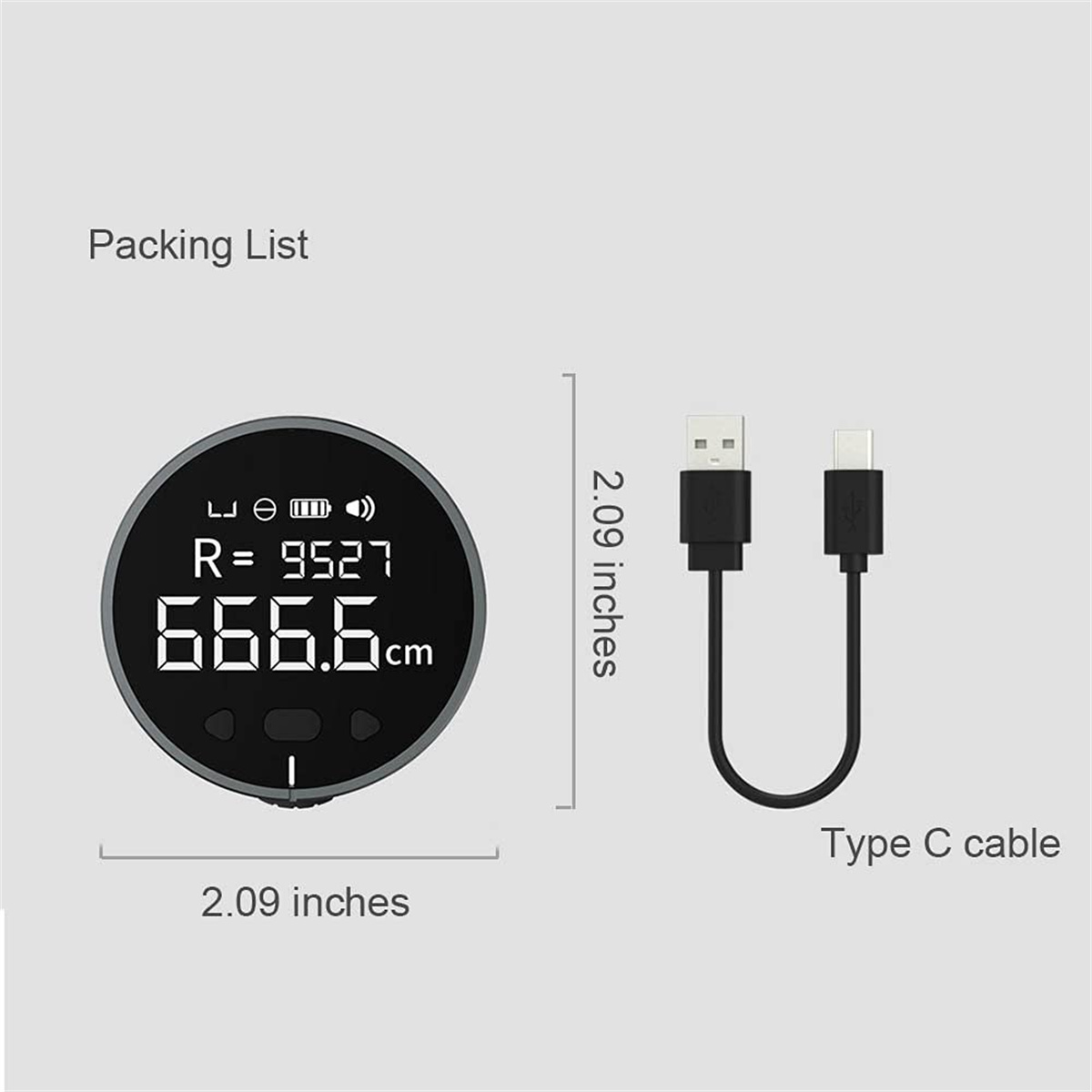 Packliste. Ein rundes digitales Messwerkzeug und ein Typ-C-Kabel. Weißer Hintergrund.